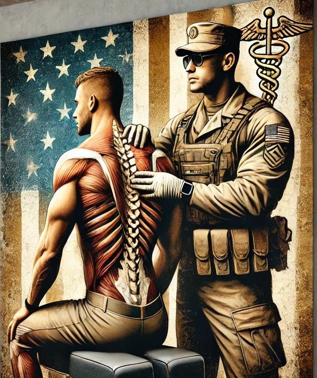 A digital drawing of a military medic examining the spine of another solider.