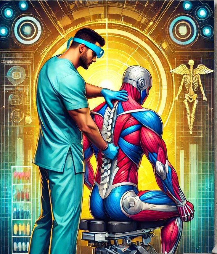 Artistic digital image of a chiropractor adjusting the spine of a superhero.